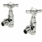 NEW & BOXED Traditional Angled Heated Towel Rail Radiator Valves Cross Head Pair 15mm Manu...