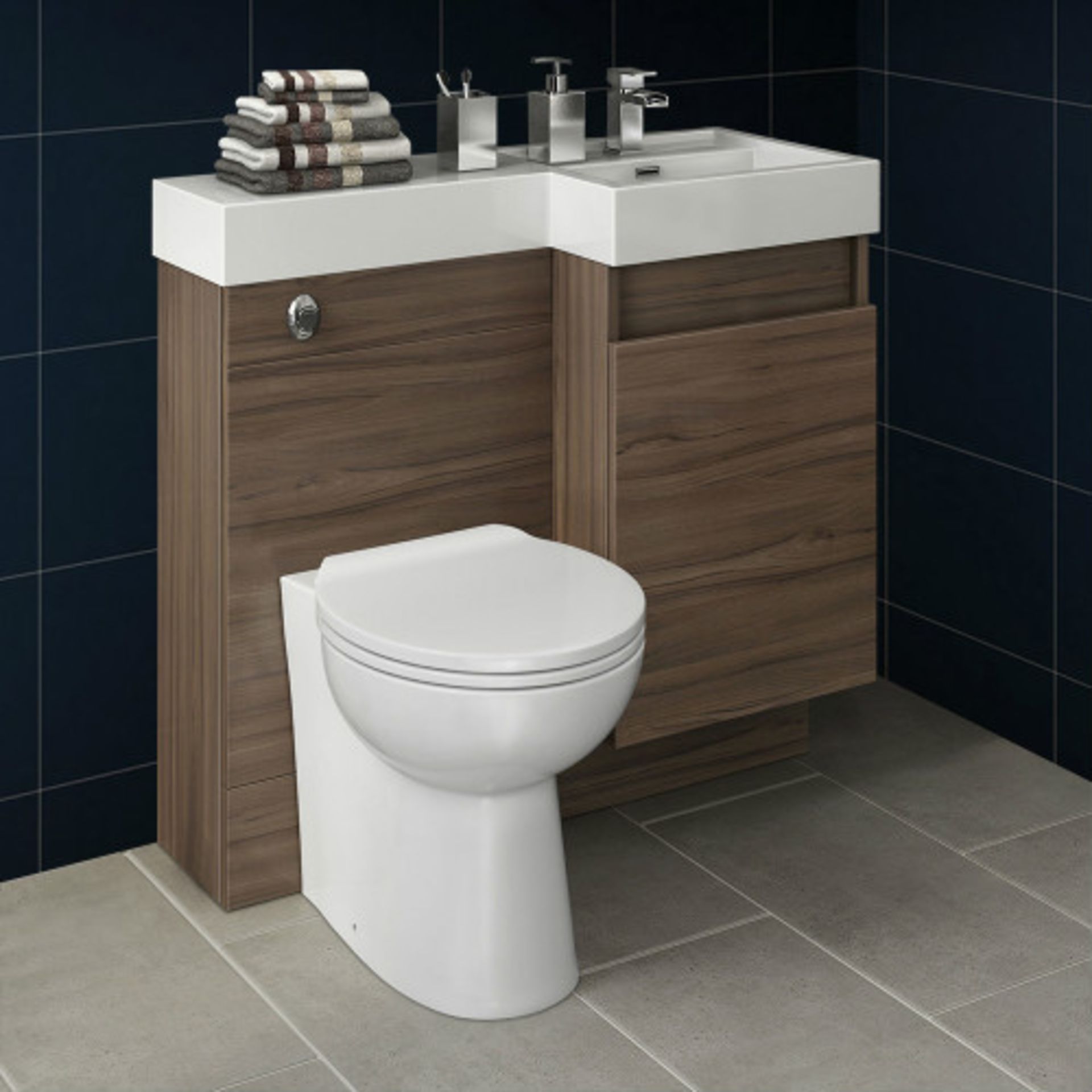 Brand New 906mm Olympia Walnut Effect Drawer Vanity Unit Right with Quartz Pan. RRP £999.99.Comes co