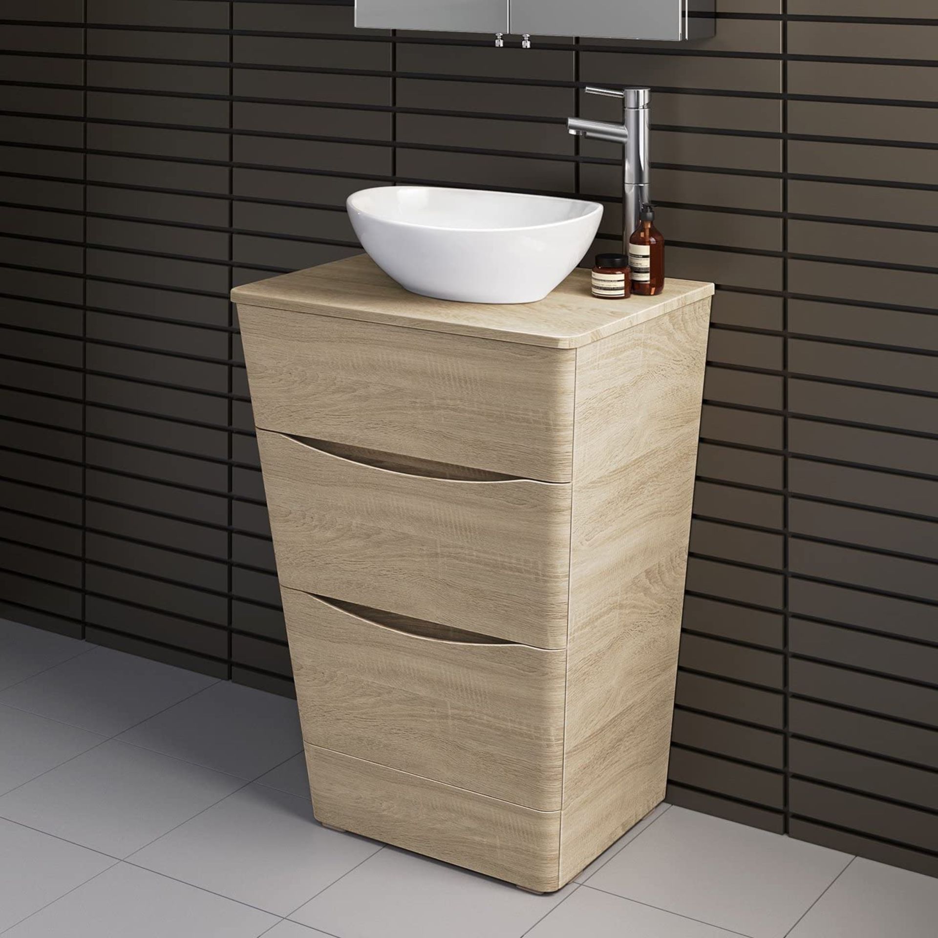 NEW & BOXED 600mm Austin II Light Oak Effect Countertop Unit and Camila Basin - Wall Hung. RRP ...