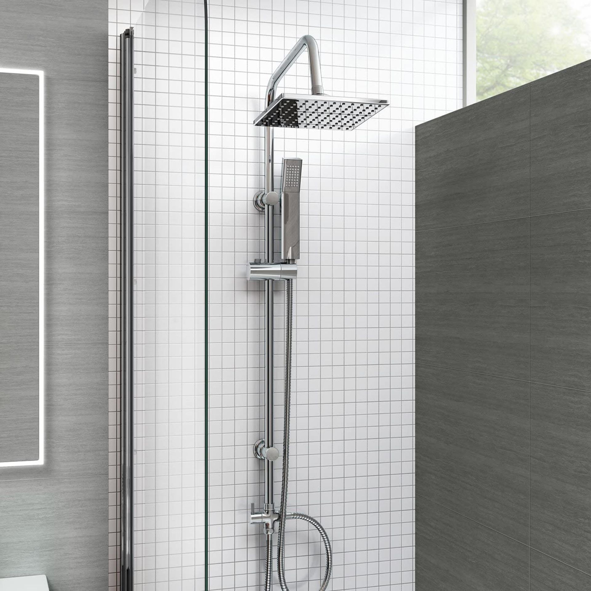 NEW & BOXED Modern Chrome Riser Rail Mixer Square Shower Head Kit for Bath Tap. Chrome effect f... - Image 3 of 3