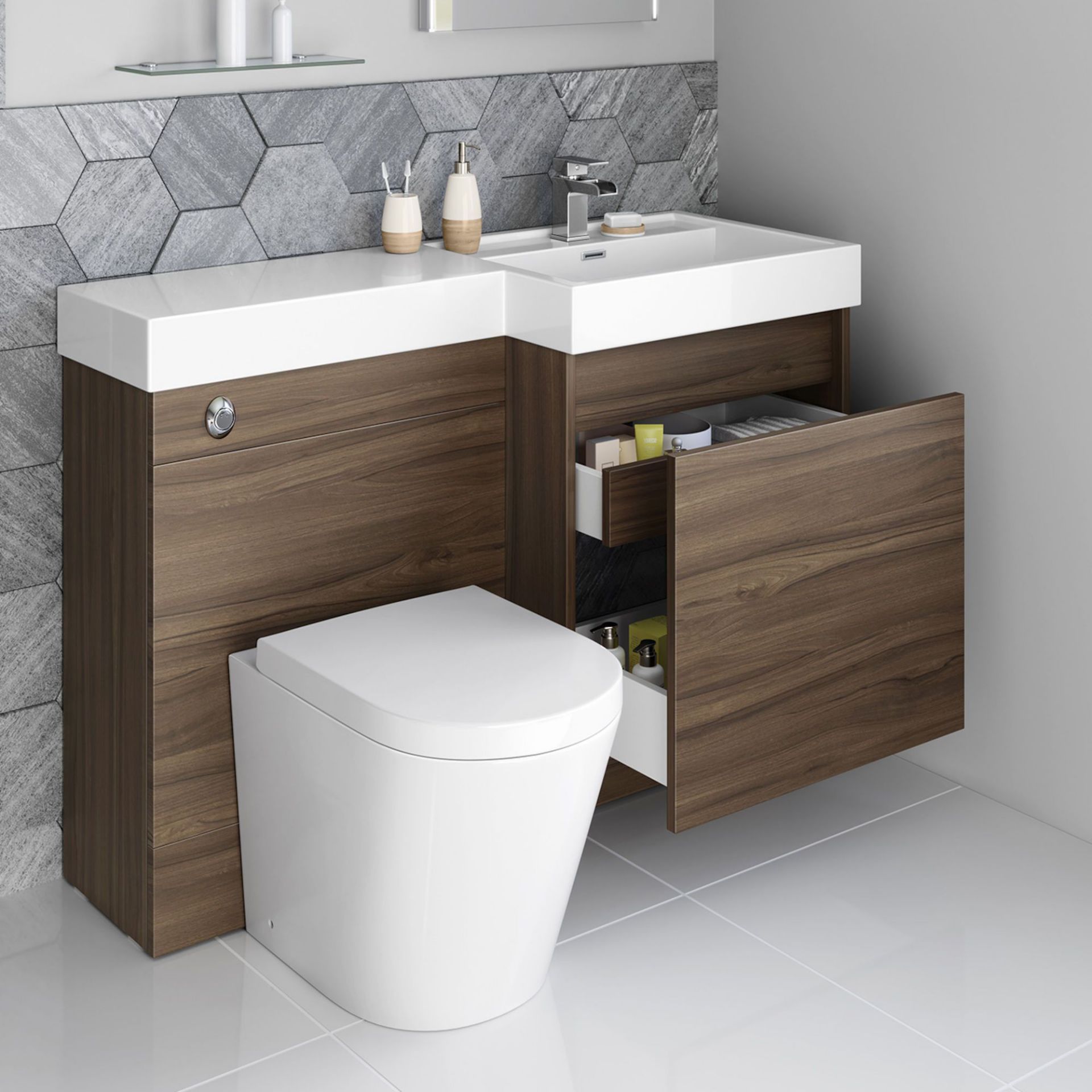 NEW & BOXED 906mm Olympia Walnut Effect Drawer Vanity Unit Right with Lyon Pan FULL SET. RRP £... - Image 3 of 3