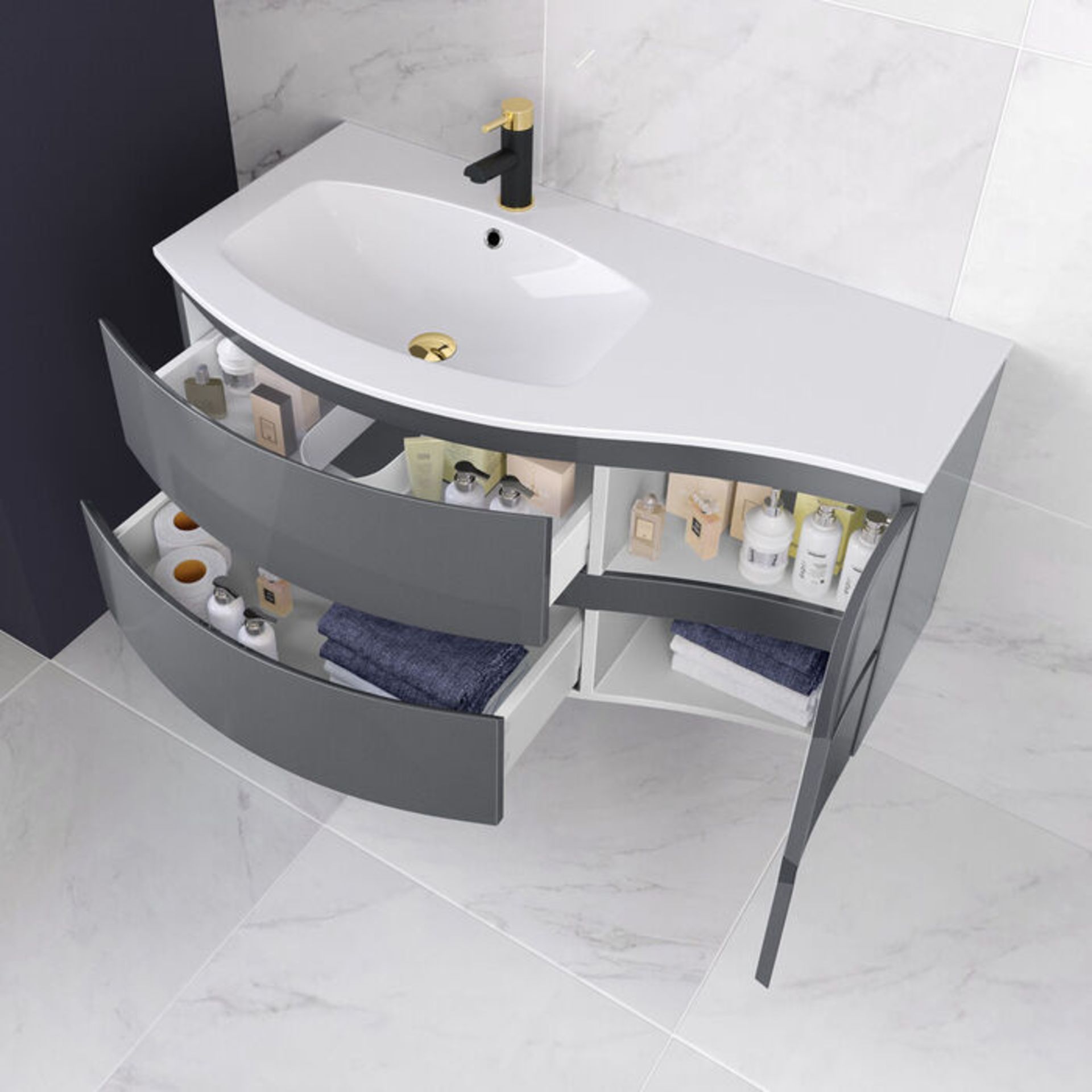 NEW & BOXED 1040mm Amelie Gloss Grey Curved Vanity Unit - Left Hand - Wall Hung. RRP £1,199. ... - Image 2 of 3