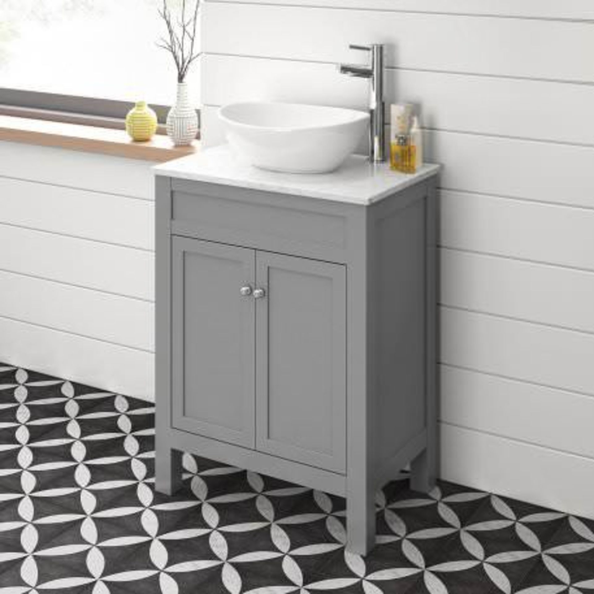 NEW & BOXED 600mm Melbourne Earl Grey Stone Countertop Unit & Camila Sink - Floor Standing. RR...