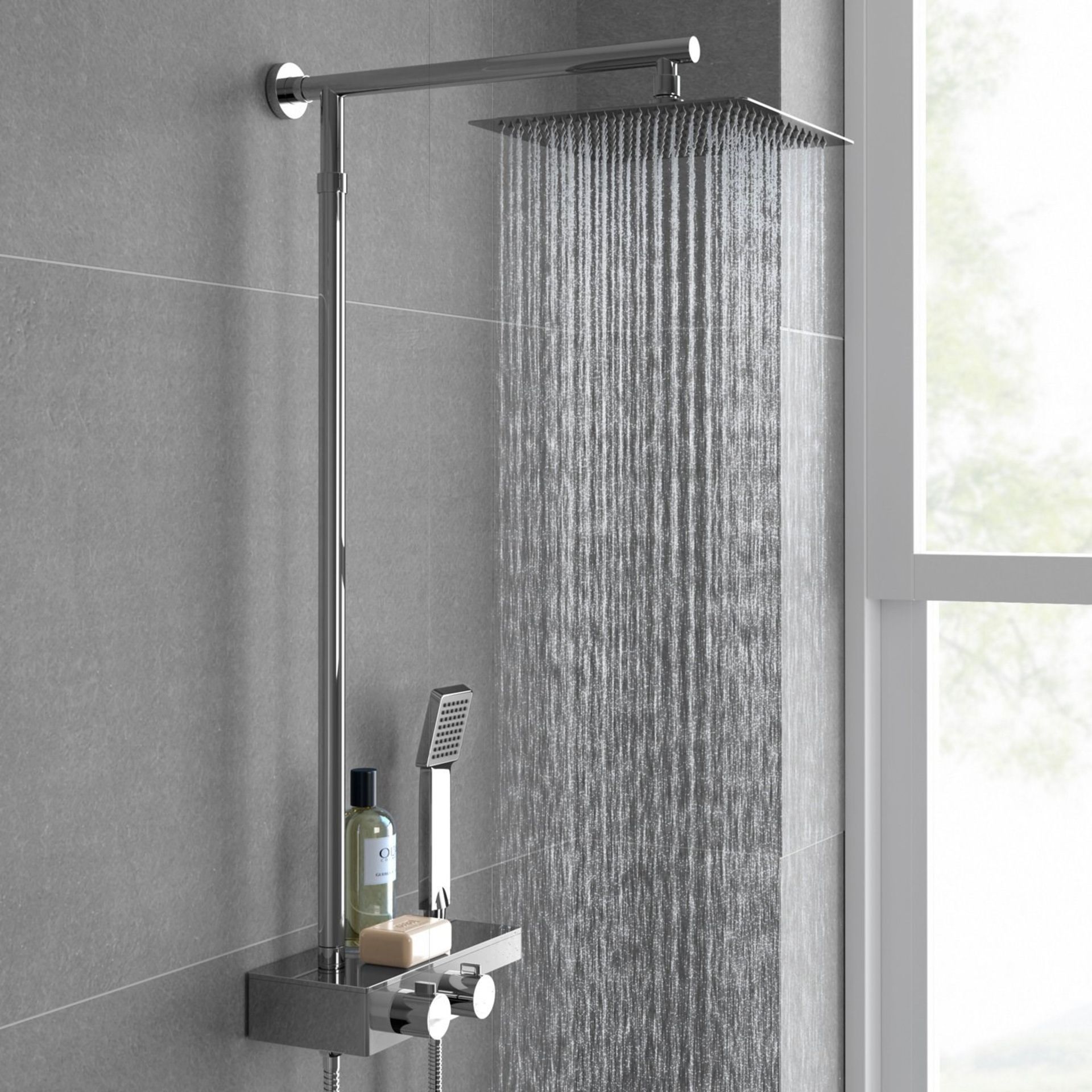 NEW (Z204) Square Thermostatic Bar Mixer Shower Set Valve with Shelf 10" Head + Handset. Solid... - Image 2 of 2