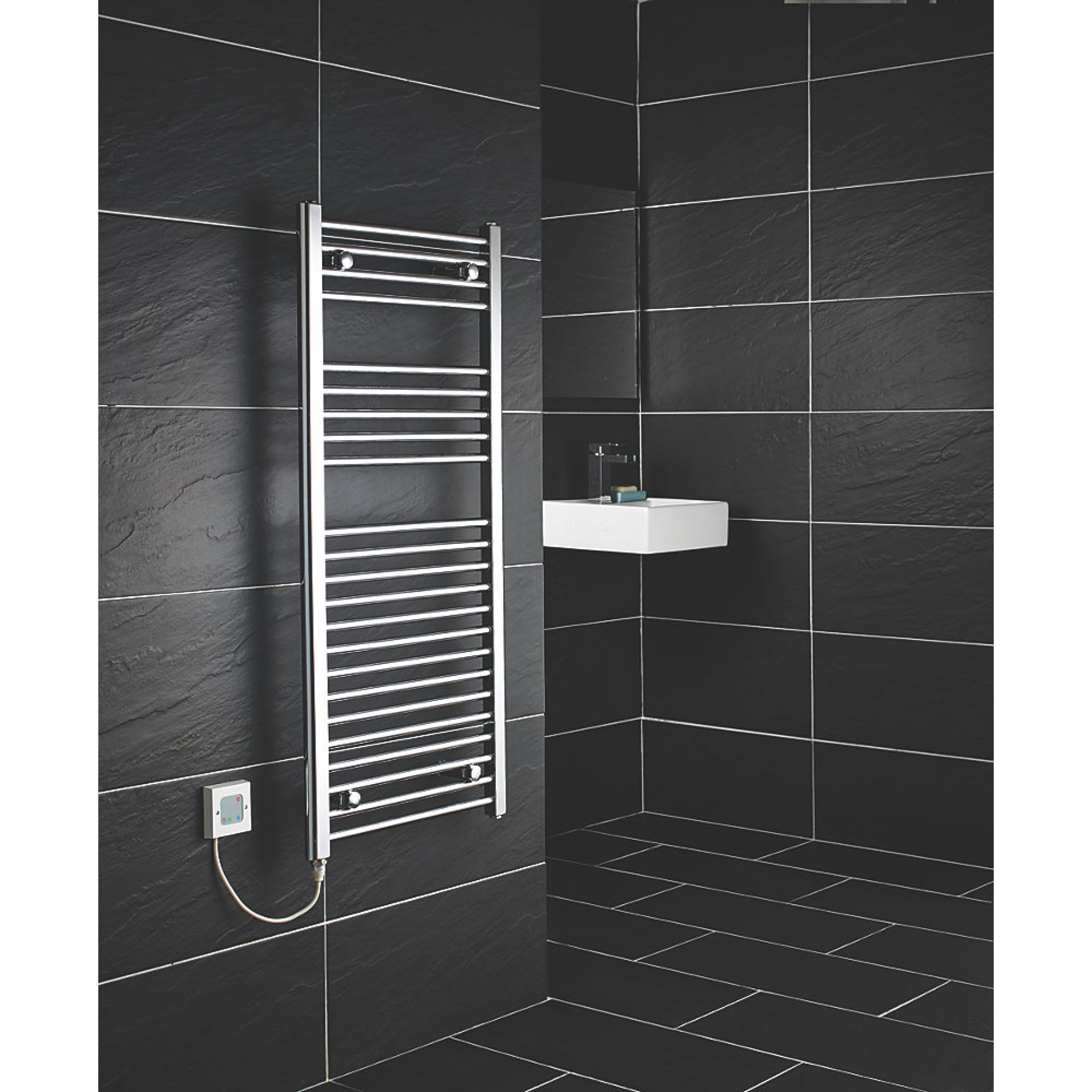 (CR17) 1200x600mm FLOMASTA FLAT ELECTRIC TOWEL RADIATOR CHROME. Electrical installation only. E...