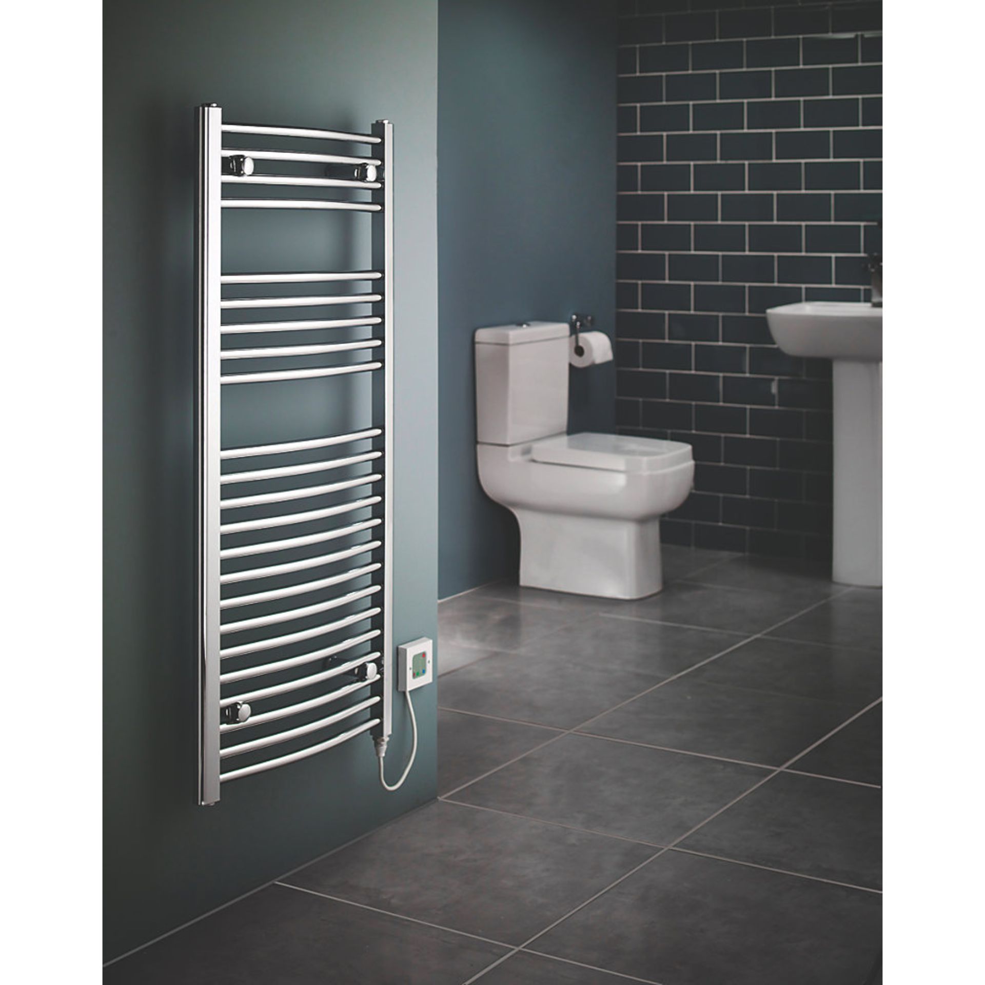 (H34) 1100x500mm FLOMASTA CURVED ELECTRIC TOWEL RADIATOR CHROME. Electrical installation only. ...