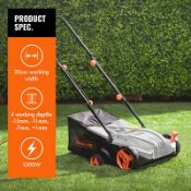 (MY7) 1300W Electric Lawn Rake Clear Moss Leaf Thatch Garden Grass 28L Bag, 4 Settings