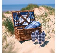 (MY18) 4 Person Navy Wicker Hamper Cutlery, plates, wine goblets, napkins, bottle opener and u...