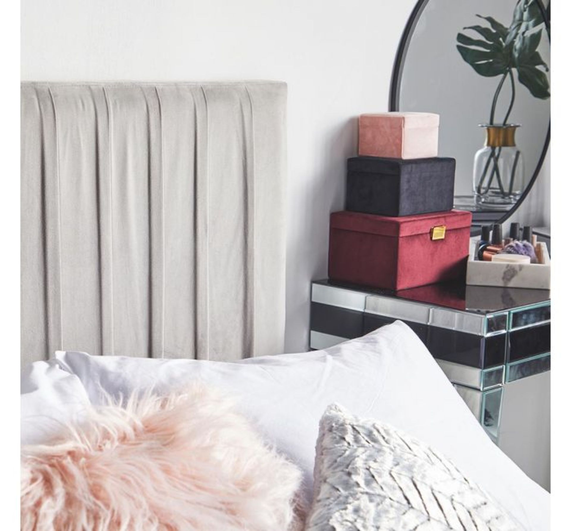 (MY68) Grey Velvet Double Headboard In a modern grey velvet with ruched detailing, it adds a to... - Image 2 of 3