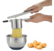 (OM136) Steel Potato Ricer Mirror finished stainless steel construction with soft grip red sil...