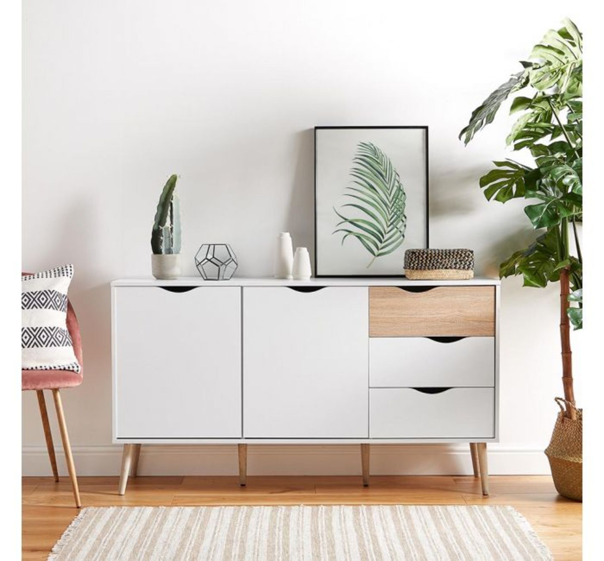 (PP73) White & Oak Large Sideboard Split front features 2 large cupboards and 3 stacked drawer...