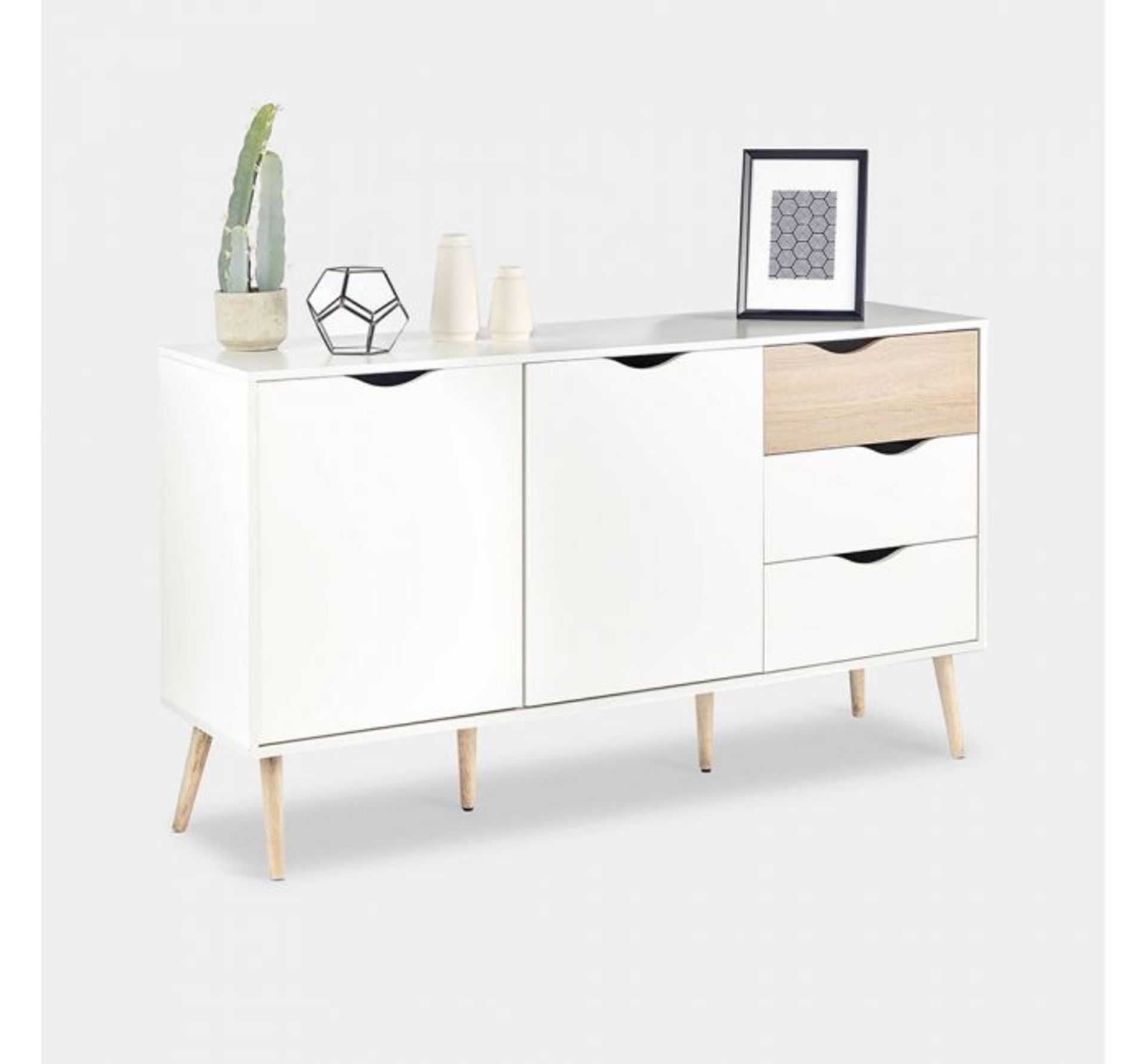 (PP73) White & Oak Large Sideboard Split front features 2 large cupboards and 3 stacked drawer... - Image 2 of 3