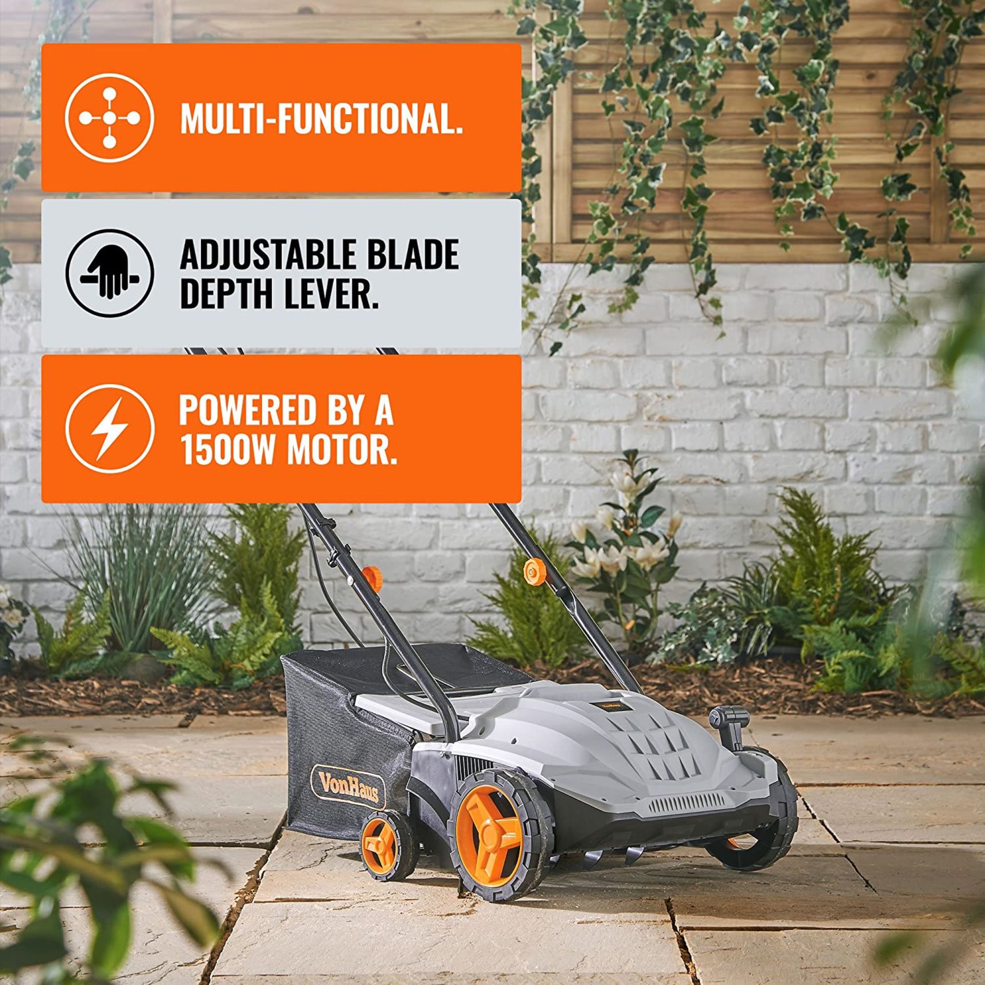 (GE100) 2 in 1 Lawn Scarifier – 1500W Electric Garden Lawn Rake with 4 Working Depths & 10m P... - Image 2 of 3