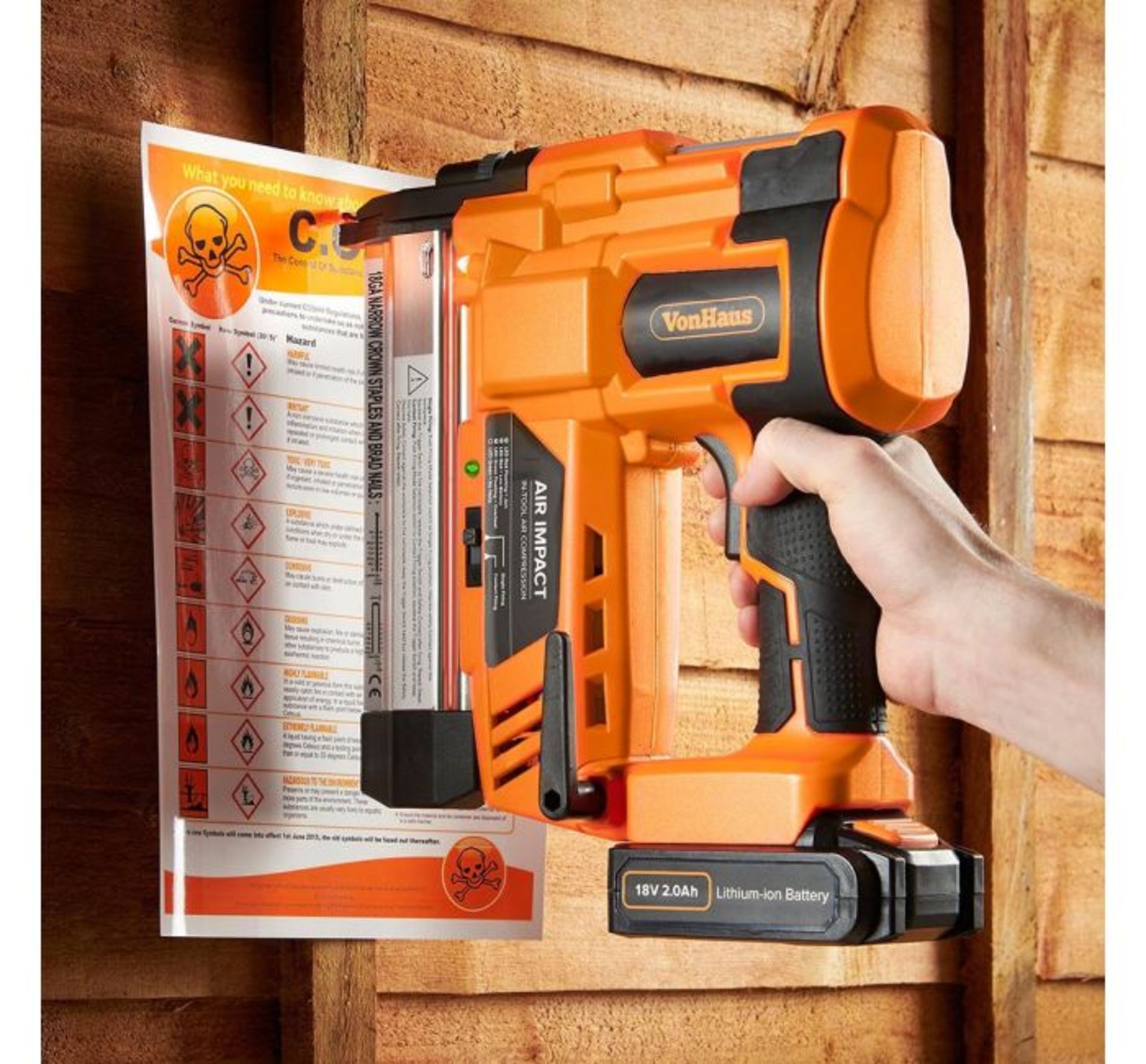 (JH13) Cordless Nail & Staple Gun Features smooth action trigger switch, two firing modes, dep...