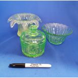 Group of 3 Uranium Glass Items including Posy Vase, Bon Bon Dish, and Jar with Lid.