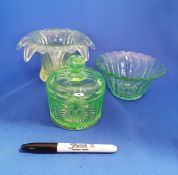 Group of 3 Uranium Glass Items including Posy Vase, Bon Bon Dish, and Jar with Lid.