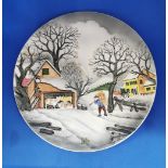 Large 3D Raised Relief Majolica Plate Wall Plaque WINTER FARM SCENE W.Germany.