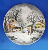 Large 3D Raised Relief Majolica Plate Wall Plaque WINTER FARM SCENE W.Germany.