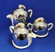 Vintage Retro Chrome And Ceramic insulated tea pot sugar bowl and milk jug. Tea for one set.