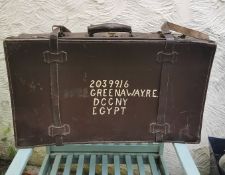 Large Vintage Suitcase with straps and destination painted on lid.