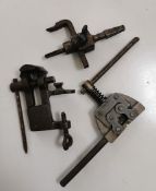 Three vintage tool items. Chain splitter, Jewellers vice, and drill attacment.