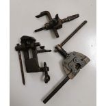 Three vintage tool items. Chain splitter, Jewellers vice, and drill attacment.