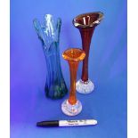 Scandinavian Retro Art Glass bubbles Bone Red, plus one smaller Plus Blue Finger Vase C.1960