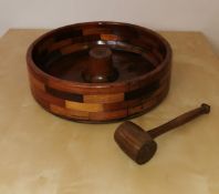 Very unusual vintage turned nut bowl with malet, made up of individual wood blocks