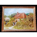 Oil on board painting Cottage Scene by V Drayton from a watercolour by Helen Allingham 1848 - 1926