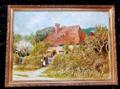 Oil on board painting Cottage Scene by V Drayton from a watercolour by Helen Allingham 1848 - 1926
