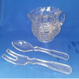 Vintage Glass Drape Water Jug plus Unusual Glass Salad Fork and Spoon.