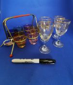 Kitsch Mid Century Shot Glass set and Holder with liquor glasses.