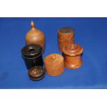 Group of Treen items including wooden stirrup glass case and Ebony Ink well holder.