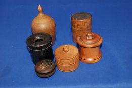 Group of Treen items including wooden stirrup glass case and Ebony Ink well holder.