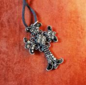 Ornate Diamante Cross Pendant Black with White Stones