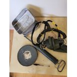 Group lot of various military items including 1945 mess tin and War Dept training film canister.