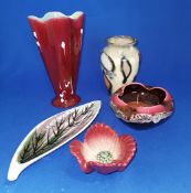 Group of vintage mid century pottery items, German pottery. Rare Thanet Pottery Leaf Dish.