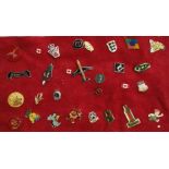 Group lot of collectable vintage pin badges, including Mercedes lapel pin