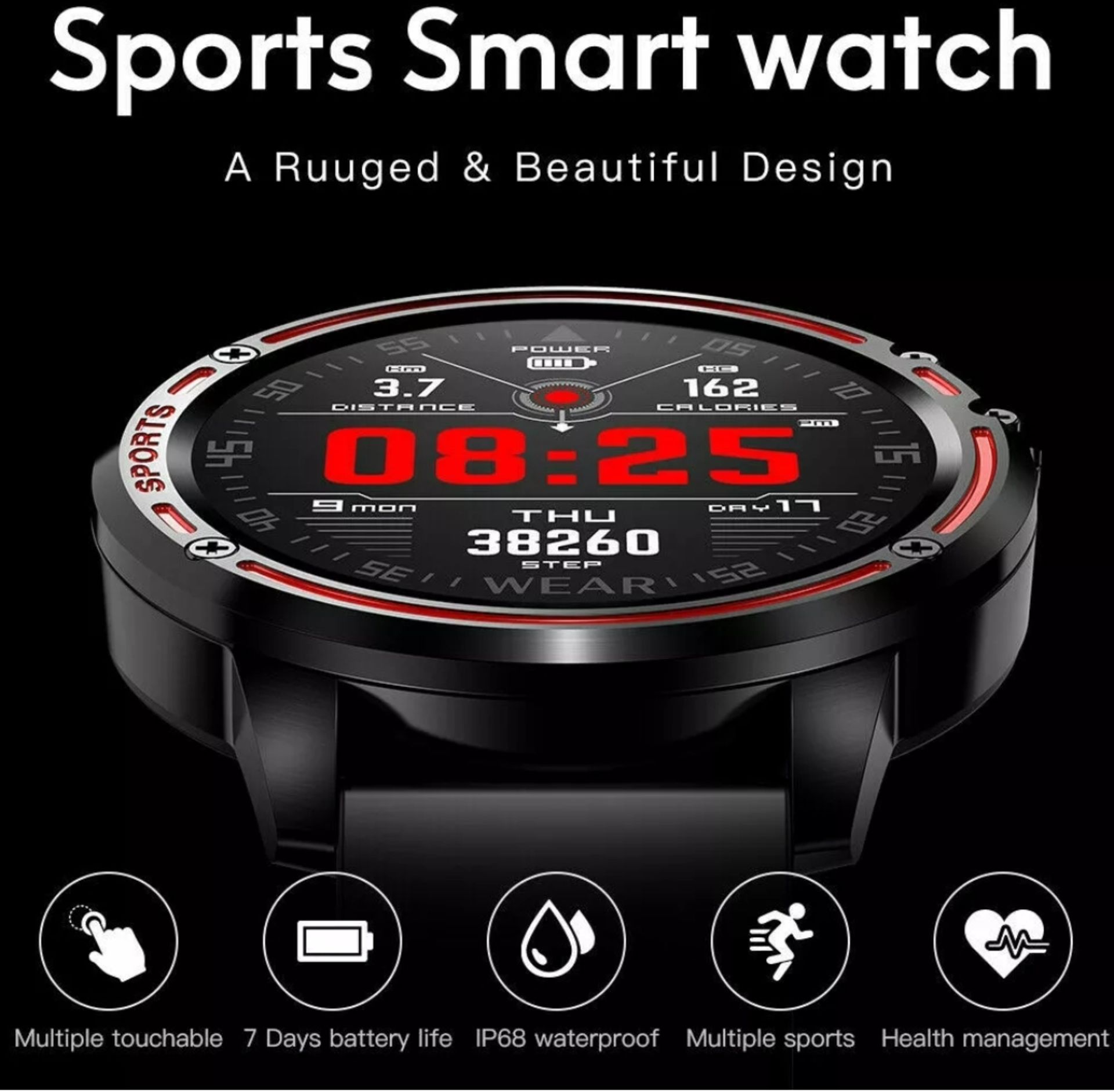 L8 Smart Watch Blood Pressure Heart Rate Smart Bracelet Fitness Tracker, Red/ Black Strap - Image 2 of 23