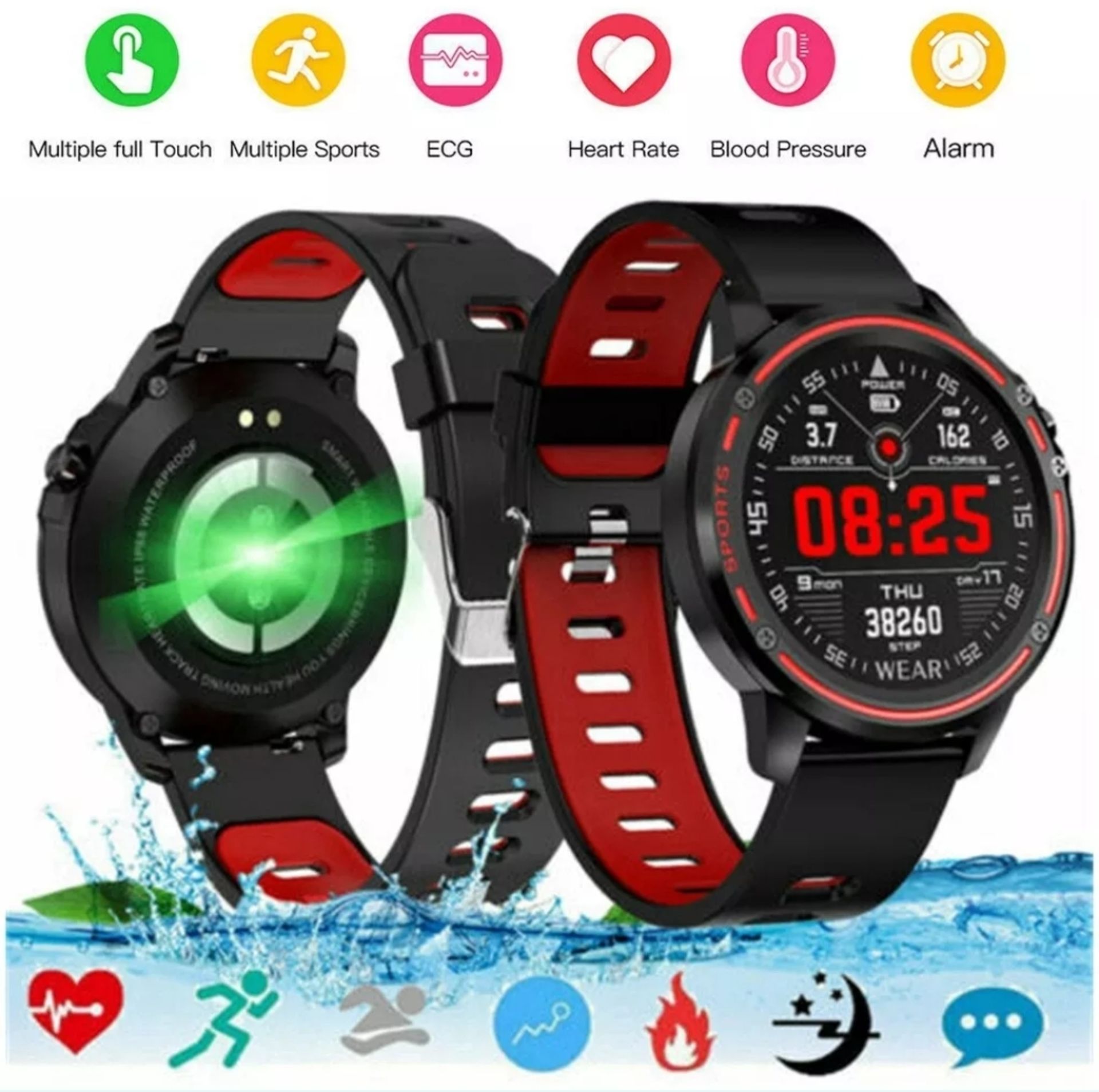 L8 Smart Watch Blood Pressure Heart Rate Smart Bracelet Fitness Tracker, Red/ Black Strap - Image 22 of 23