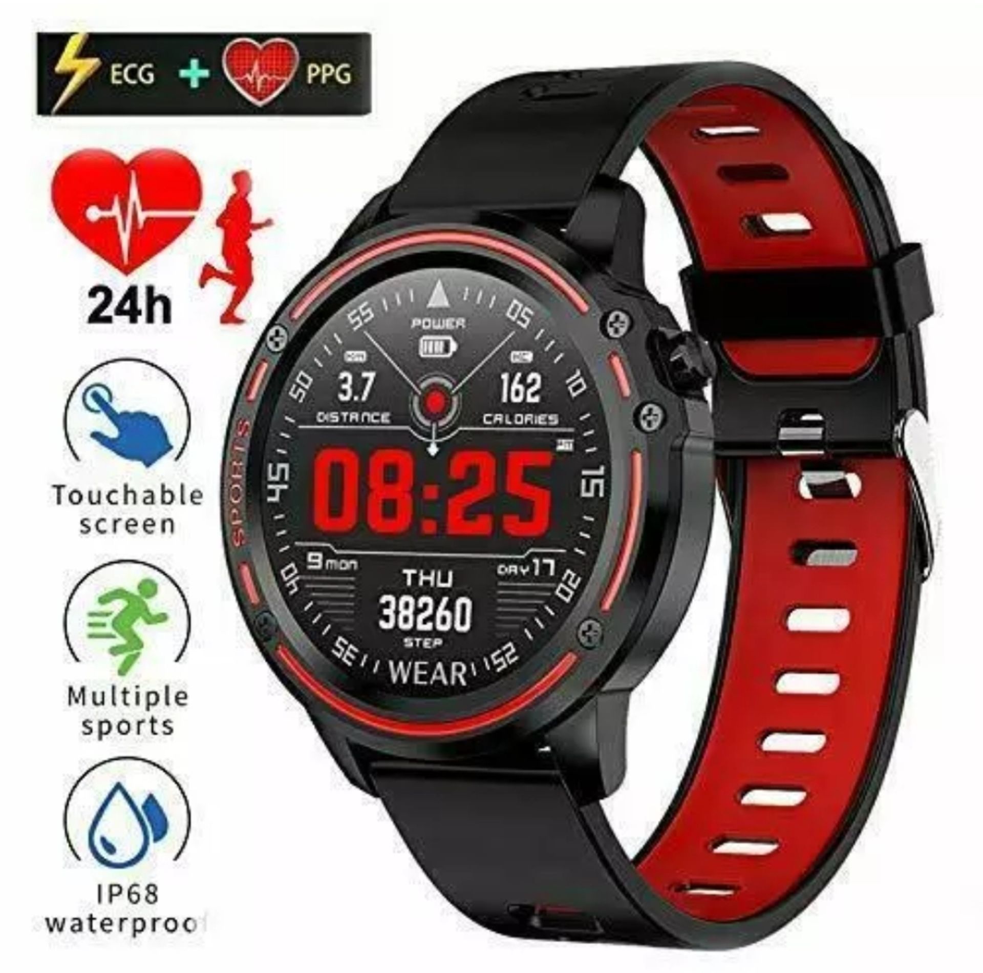 L8 Smart Watch Blood Pressure Heart Rate Smart Bracelet Fitness Tracker, Red/ Black Strap - Image 15 of 23