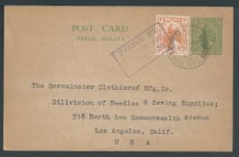 Malaya - Perak 1940 Use of full face 2c green postal stationery Post Card to the United States, upra