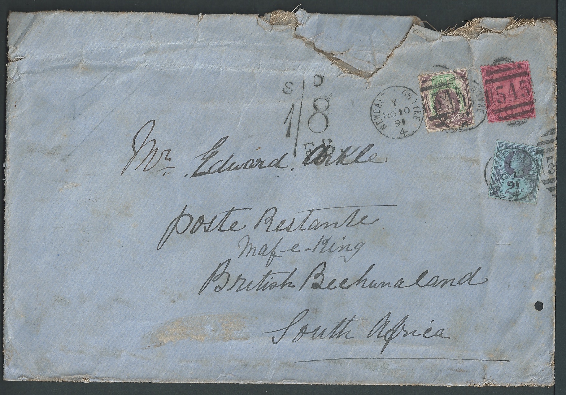 Bechuanaland / G.B. 1891 Linen envelope (tear) posted from Newcastle franked by Jubilee issues 1....