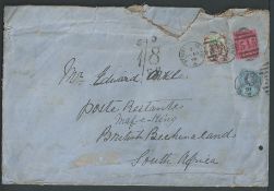 Bechuanaland / G.B. 1891 Linen envelope (tear) posted from Newcastle franked by Jubilee issues 1....