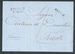 Cyprus 1858 Entire to Trieste handstamped by the very scarce "LARNACA/7.SETT." and "FRANCA" in black