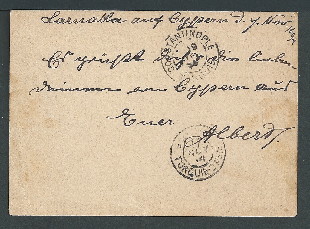 Cyprus 1894 Cyprus 1pi postcard from Larnaca to Constantinople, cancelled by "MERSINA / TURQUIE D'AS - Image 2 of 2