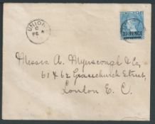 St Vincent 1898 Cover to London franked 2.1/2d on 1d blue cancelled by scarce "UNION" village datest