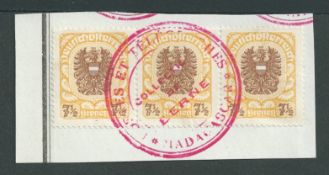 Austria 1920-21 3 stamps in total, 7 1/2 Kronen, SG 409, affixed to part ledger page, cancelled b...