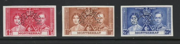 Montserrat 1937 KGVI 1d - 2½d Coronation set of 3 values complete, perf SPECIMEN, imperforate on