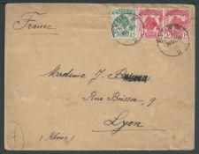 Gilbert and Ellice Islands 1912 Cover to France bearing 1911 1/2d and 1d pair cancelled by three st